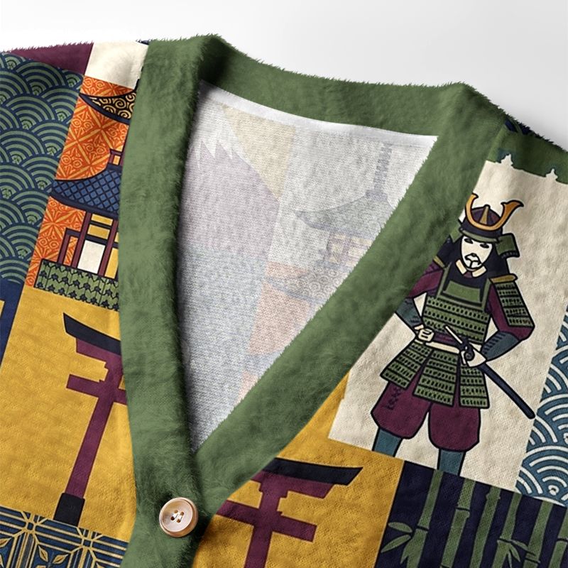 Kyoto-Lion Japanese Ukiyo-e Patchwork Ugly Cardigan Sweater