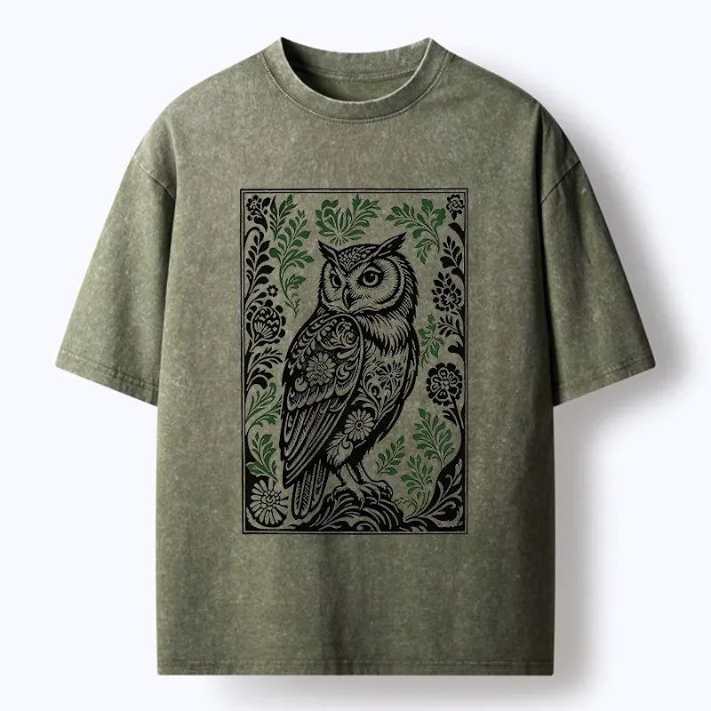Kyoto-Lion Vintage Owl Art Washed T-Shirt