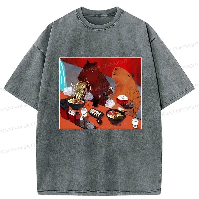 Kyoto-Lion Ramen Lovers Capybara Funny Washed T-Shirt