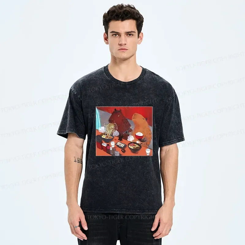 Kyoto-Lion Ramen Lovers Capybara Funny Washed T-Shirt