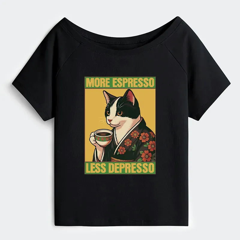 Kyoto-Lion Tuxedo Cat Drinking Coffee Off Shoulder T-Shirt