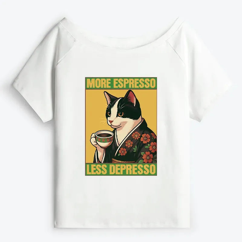 Kyoto-Lion Tuxedo Cat Drinking Coffee Off Shoulder T-Shirt