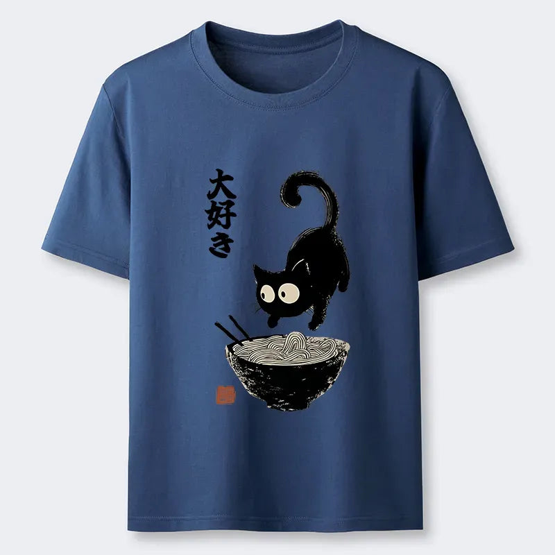 Japanese Retro Cat Ramen T-Shirt for Daily Wear