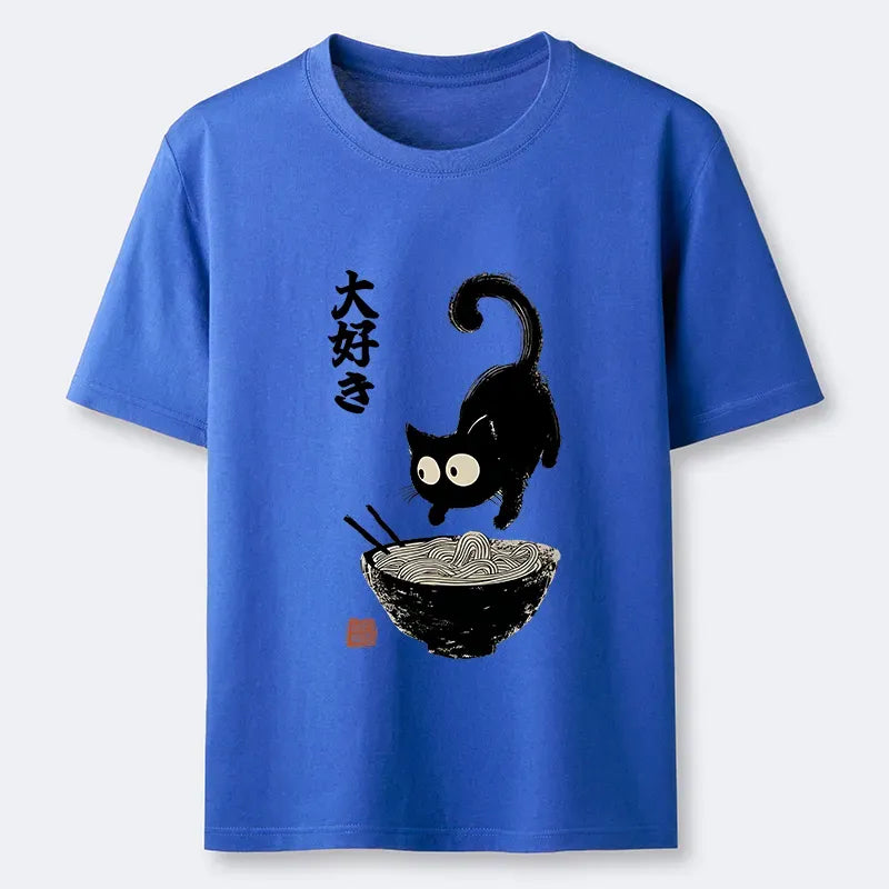 Japanese Retro Cat Ramen T-Shirt for Daily Wear