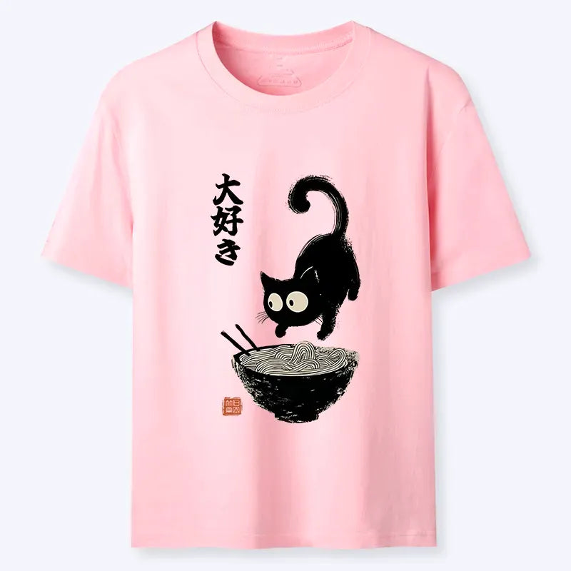 Japanese Retro Cat Ramen T-Shirt for Daily Wear