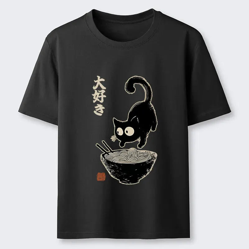 Japanese Retro Cat Ramen T-Shirt for Daily Wear