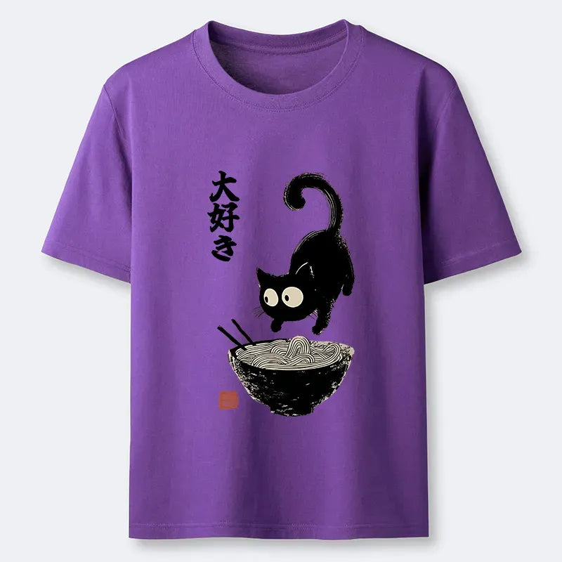 Japanese Retro Cat Ramen T-Shirt for Daily Wear