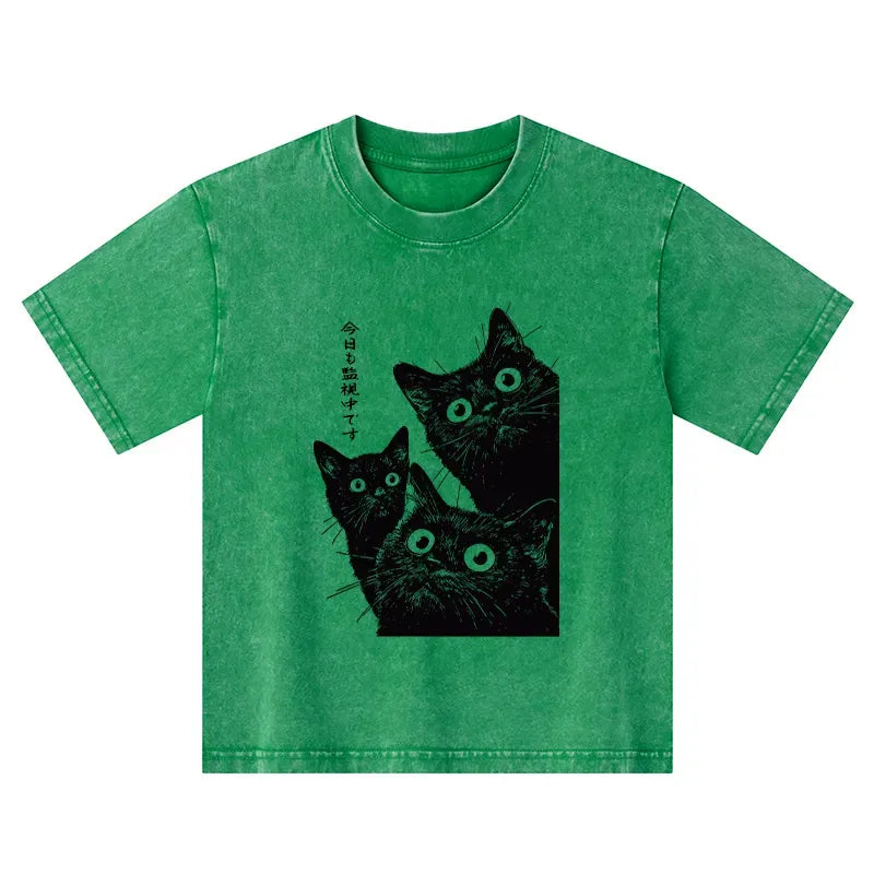 Kyoto-Lion Three Cats Are Watching You Today Kids Washed T-Shirt