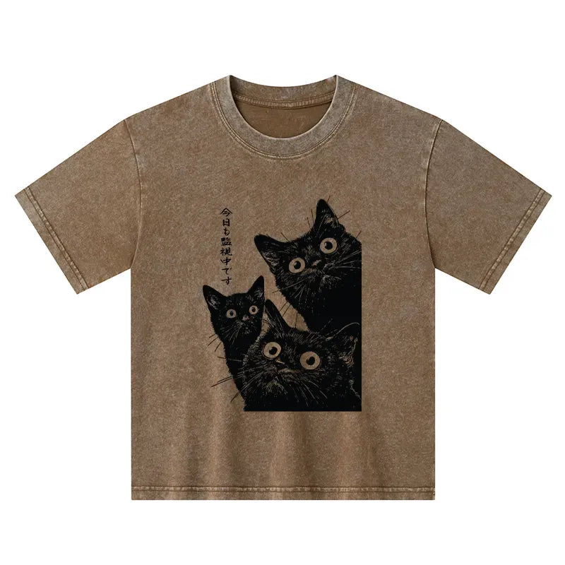 Kyoto-Lion Three Cats Are Watching You Today Kids Washed T-Shirt