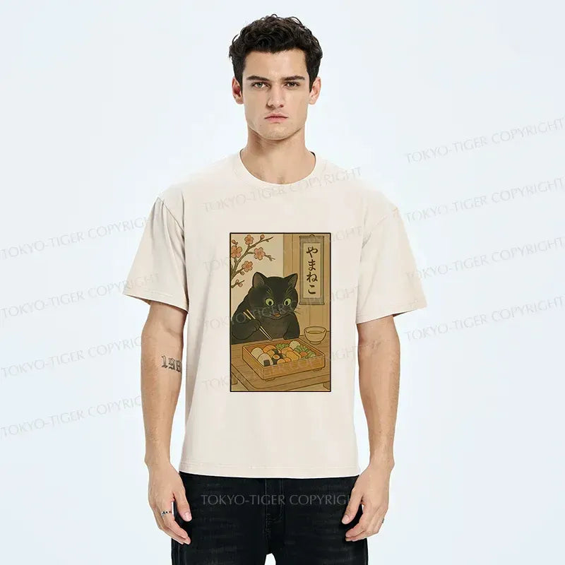 Japanese Black Cat Sushi T-Shirt for Summer