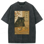 Kyoto-Lion Black Cat Eating Sushi Washed T-Shirt
