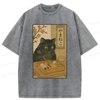 Japanese Black Cat Sushi T-Shirt for Summer