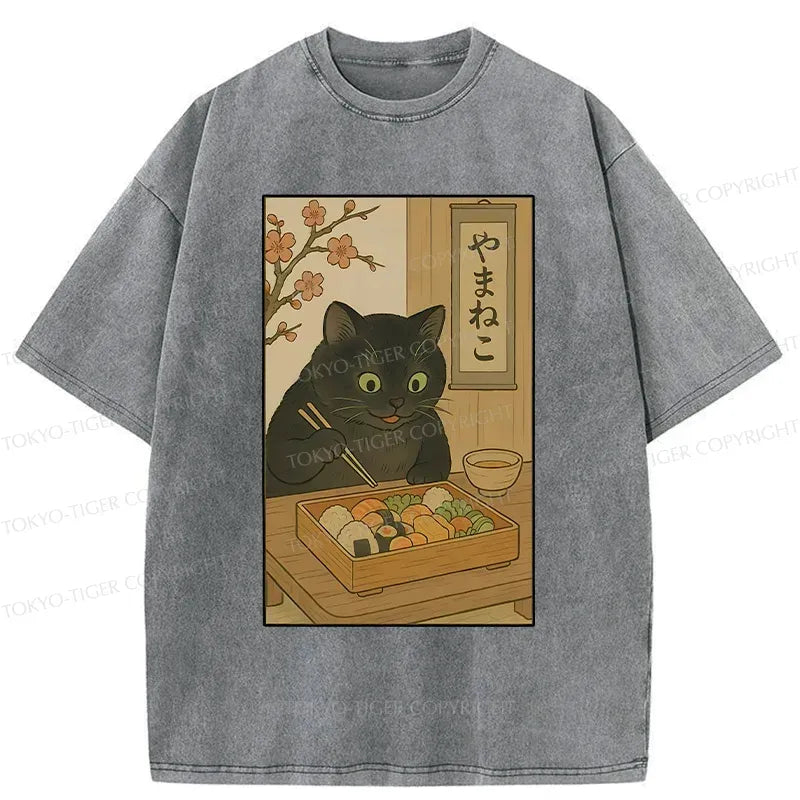Japanese Black Cat Sushi T-Shirt for Summer