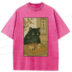Kyoto-Lion Black Cat Eating Sushi Washed T-Shirt