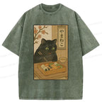 Kyoto-Lion Black Cat Eating Sushi Washed T-Shirt