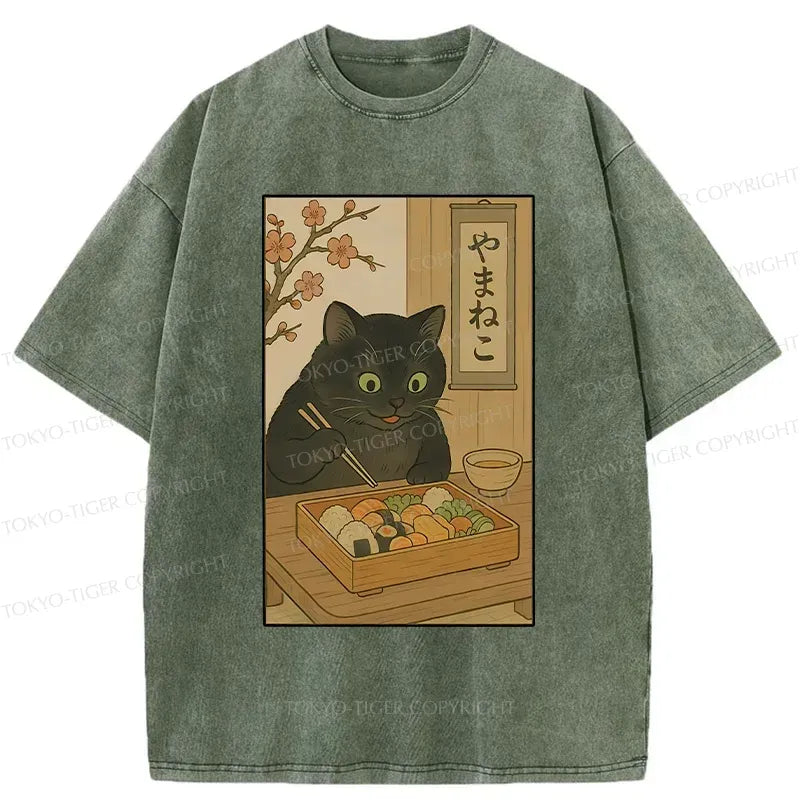 Kyoto-Lion Black Cat Eating Sushi Washed T-Shirt