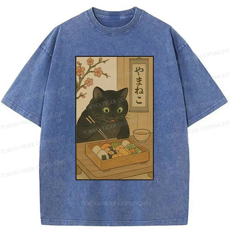 Japanese Black Cat Sushi T-Shirt for Summer