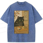 Japanese Black Cat Sushi T-Shirt for Summer