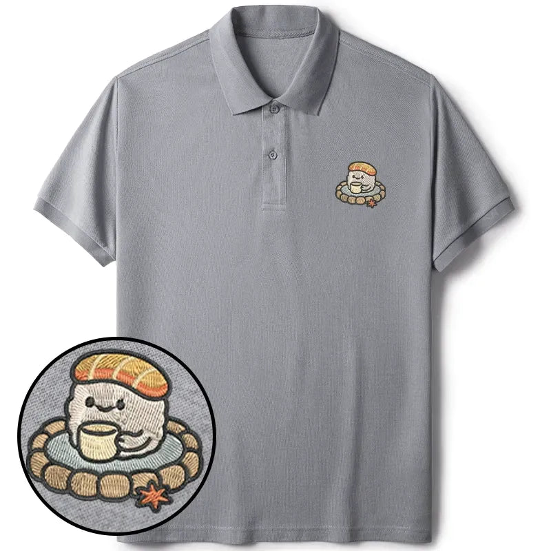 Kyoto-Lion Cute Sushi Drinking Tea Embroidered Polo T-Shirt