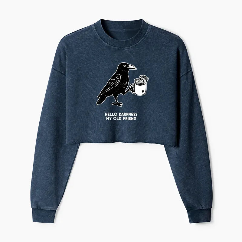 Kyoto-Lion Crow Drinking Black Coffee Funny Washed Crop Sweatshirt