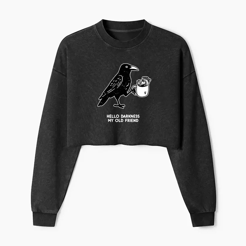Washed Crop Sweatshirt with Crow Drinking Coffee