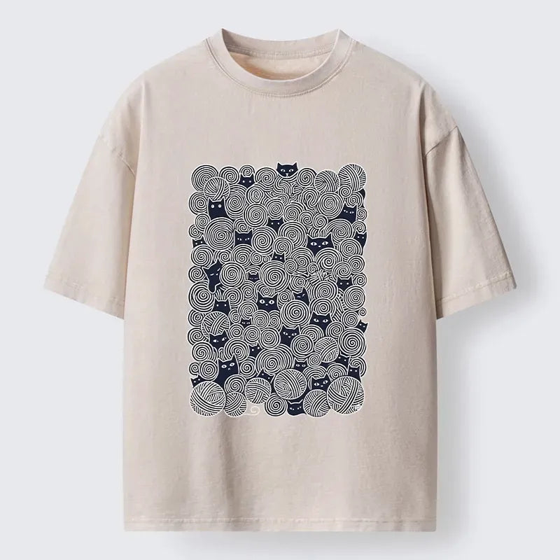 Black Cat Yarn T-Shirt for Casual