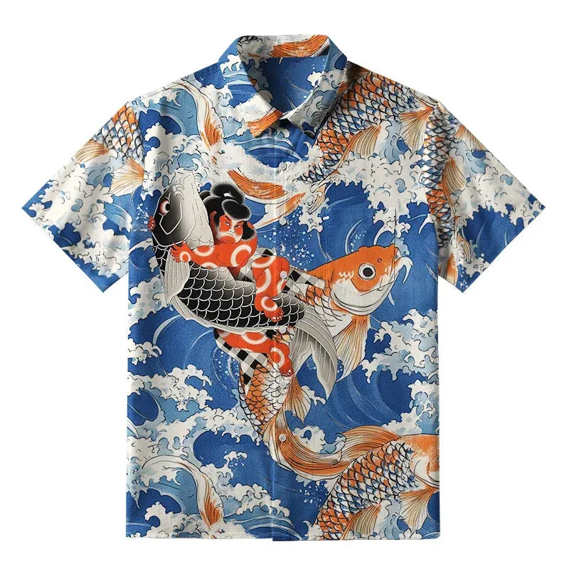 Kyoto-Lion Sumo Wrestler Holding A Koi Button-up Shirt