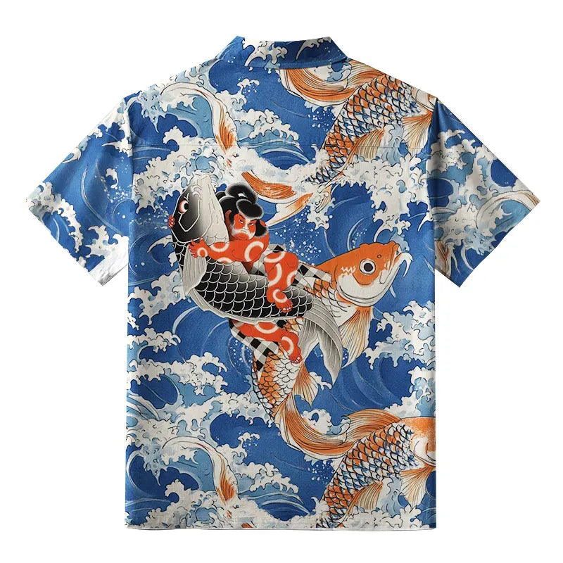 Kyoto-Lion Sumo Wrestler Holding A Koi Button-up Shirt