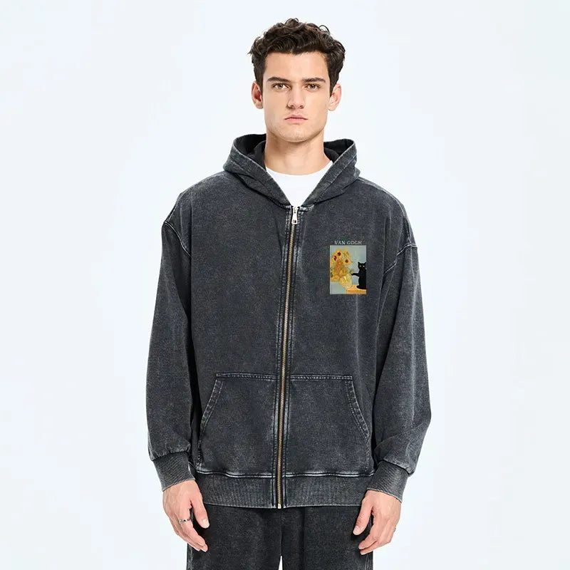 Kyoto-Lion Black Cat With Sunflowers Washed Zip Hoodie