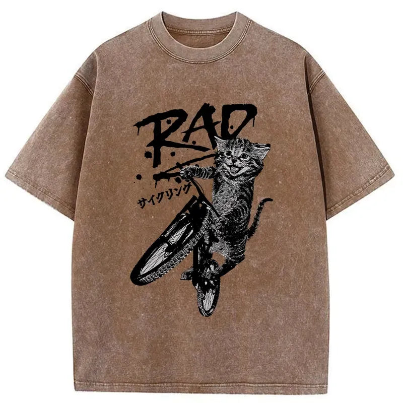 Kyoto-Lion Bicycle Lover Cat Washed T-Shirt