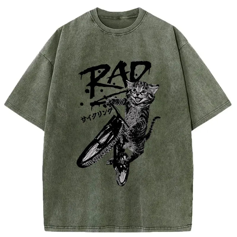 Kyoto-Lion Bicycle Lover Cat Washed T-Shirt