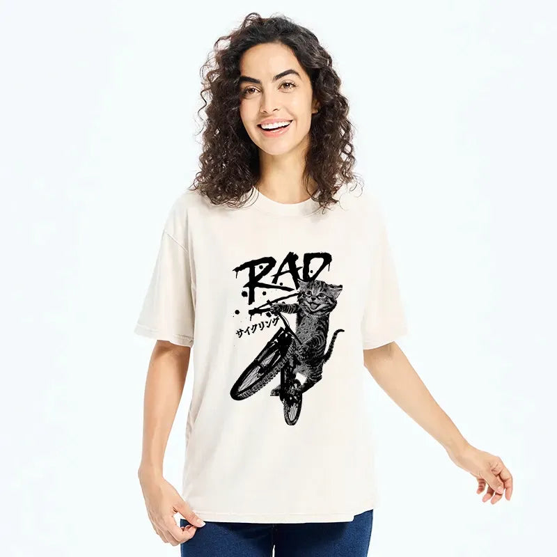 Kyoto-Lion Bicycle Lover Cat Washed T-Shirt