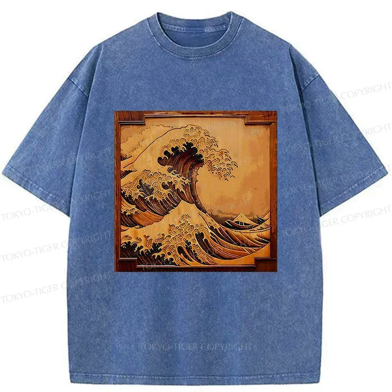 Kyoto-Lion Panel Painting Ukiyoe Wave Washed T-Shirt