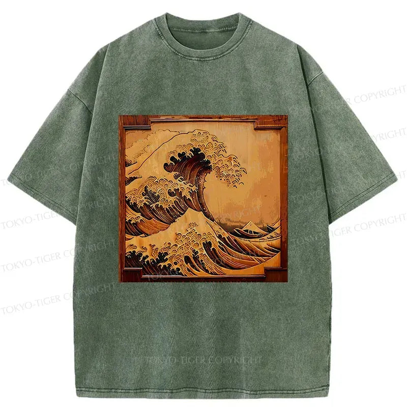 Kyoto-Lion Panel Painting Ukiyoe Wave Washed T-Shirt