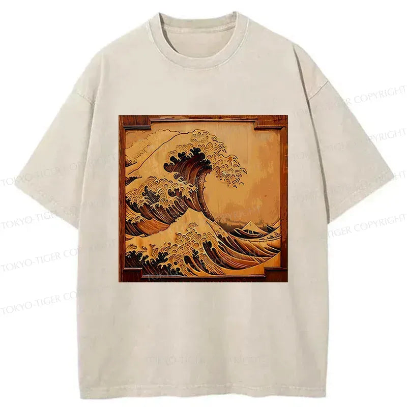 Kyoto-Lion Panel Painting Ukiyoe Wave Washed T-Shirt