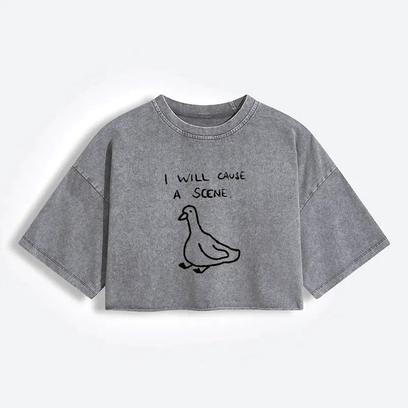 Kyoto-Lion Stupid Goose Funny Japan Retro Women's Washed Crop T-Shirt