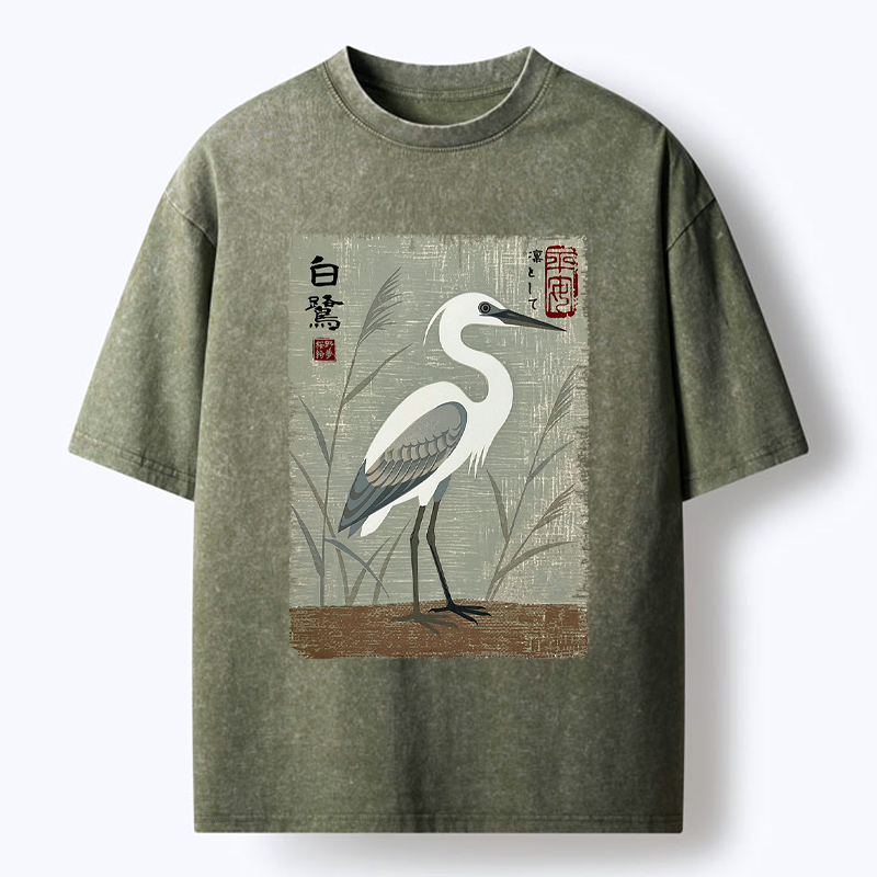 Kyoto-Lion Graceful Egret Vintage Washed T-Shirt