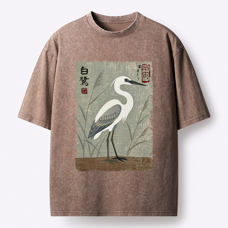 Kyoto-Lion Graceful Egret Vintage Washed T-Shirt