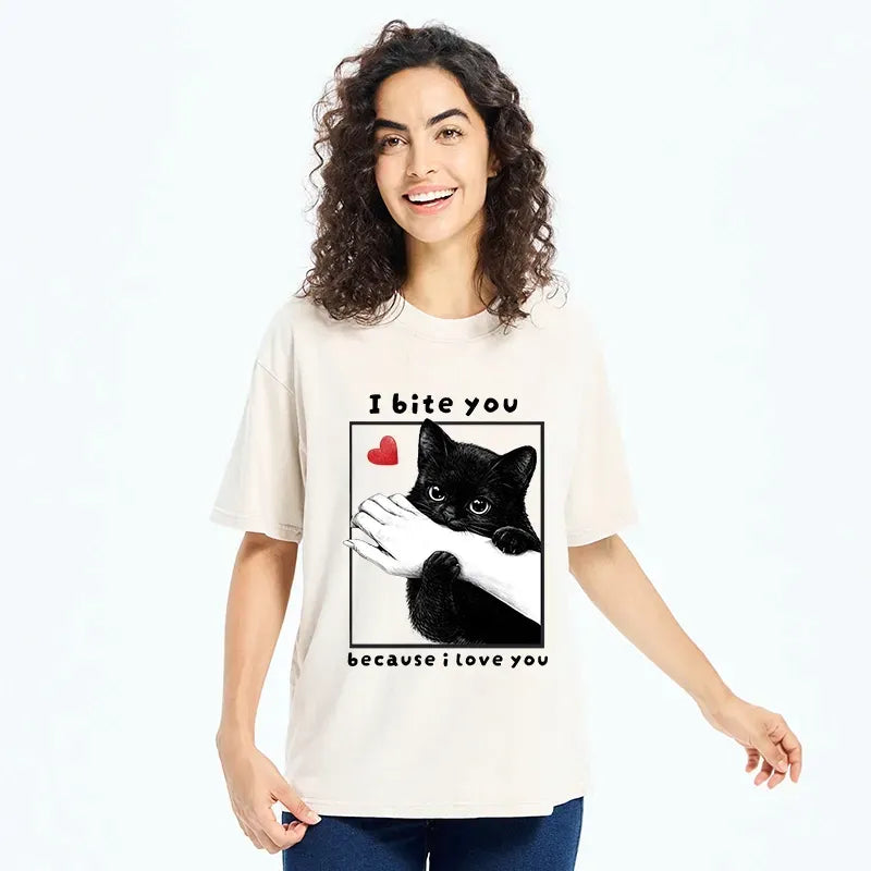 Kyoto-Lion Funny Bitey Black Cat Washed T-Shirt