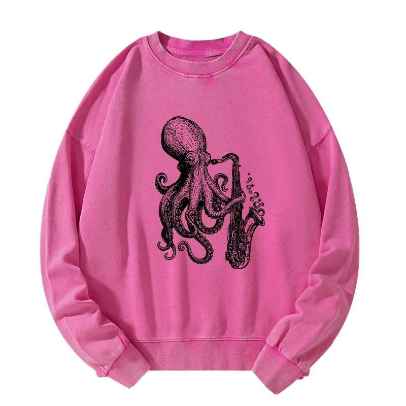 Kyoto-Lion Octopus Playing Saxophone Washed Sweatshirt