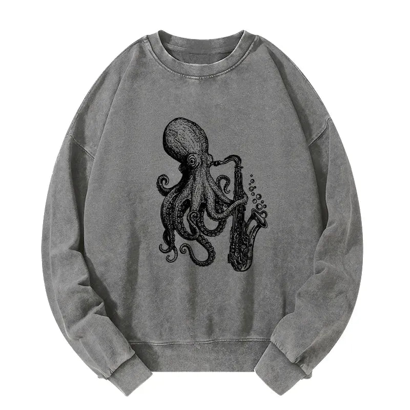 Kyoto-Lion Octopus Playing Saxophone Washed Sweatshirt