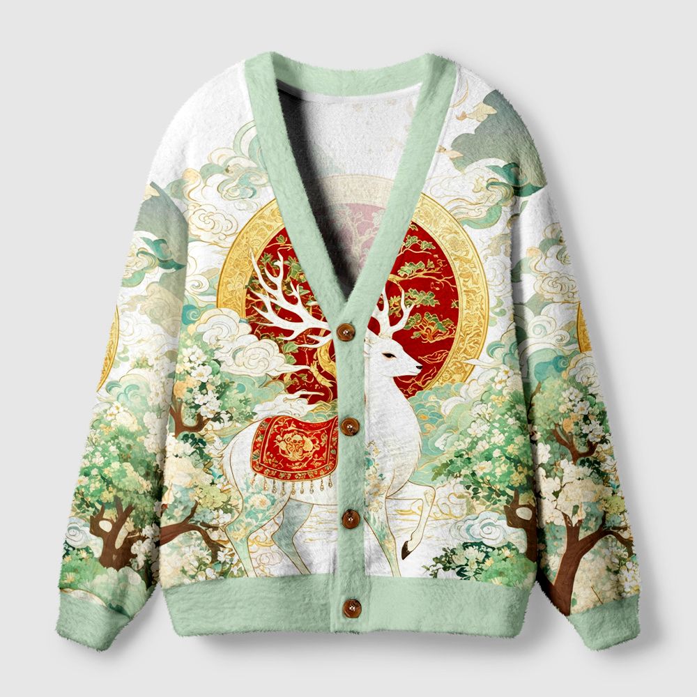 Kyoto-Lion Dunhuang Divine Deer Ugly Cardigan Sweater