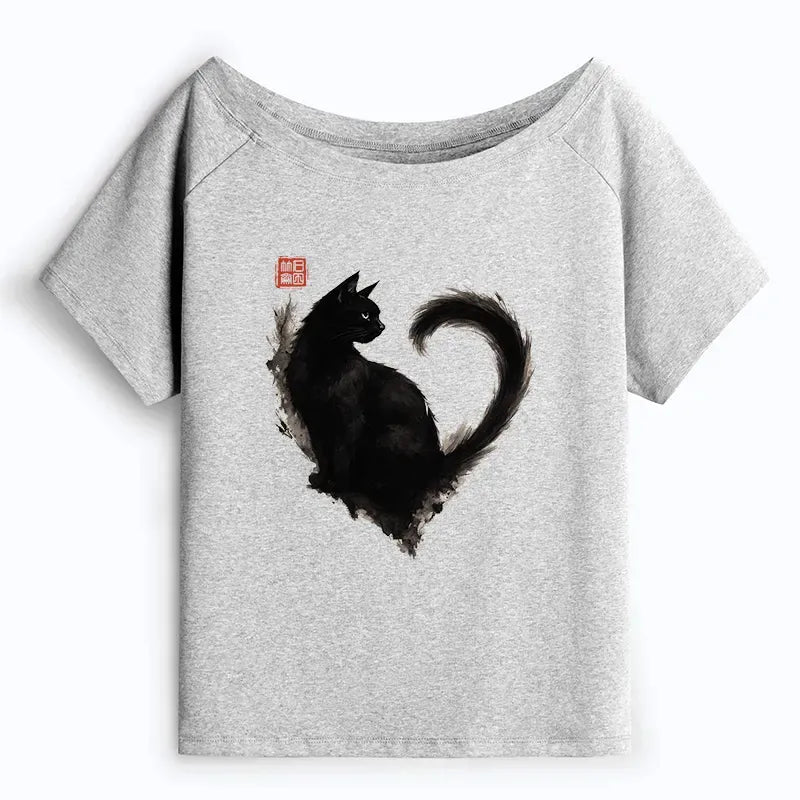 Kyoto-Lion Funny Heart-Shaped Ink Off Shoulder T-Shirt