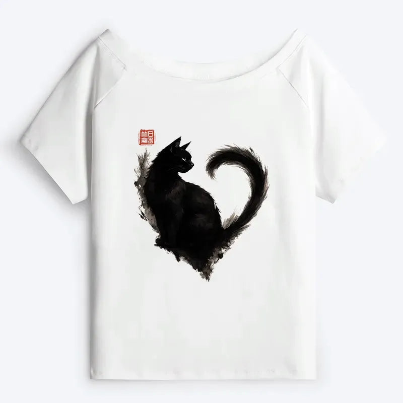Kyoto-Lion Funny Heart-Shaped Ink Off Shoulder T-Shirt