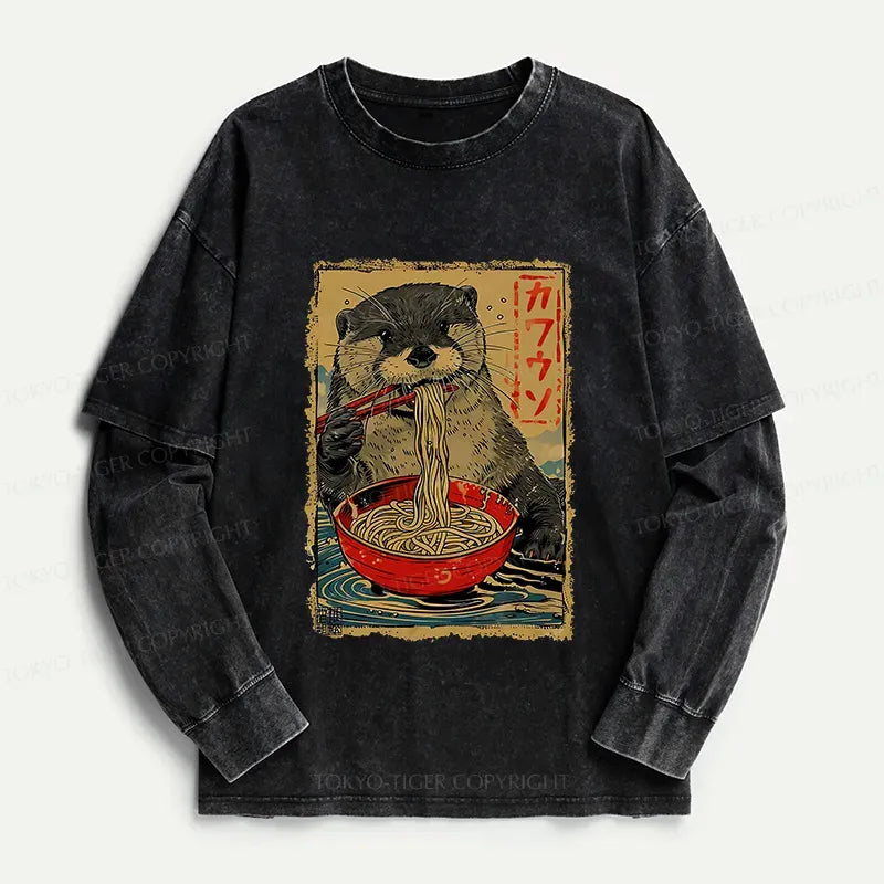Kyoto-Lion Otter Eating Ramen Japan Washed Double Layer T-Shirt