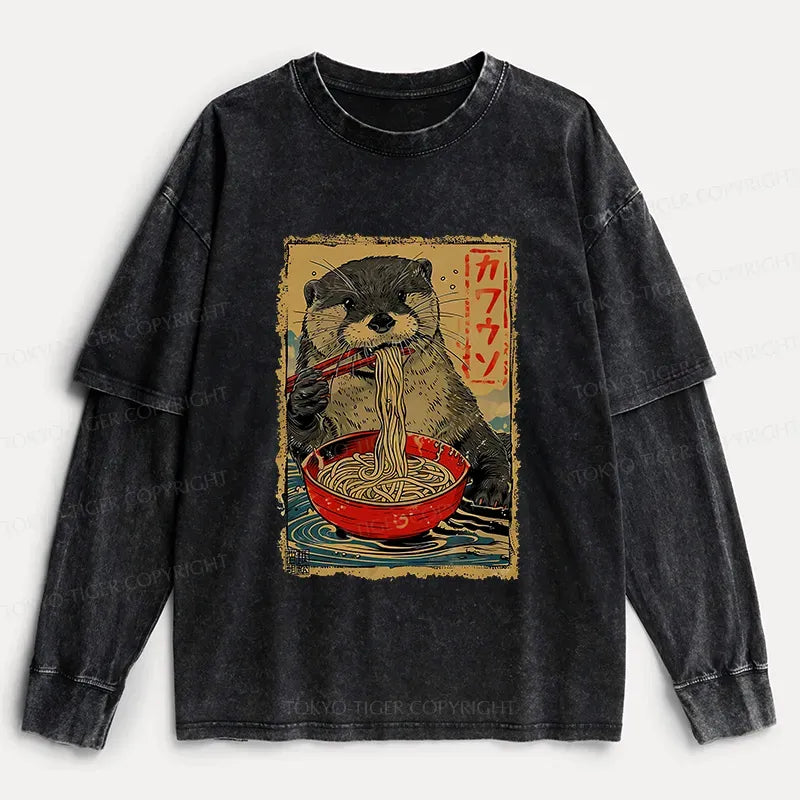 Kyoto-Lion Otter Eating Ramen Japan Washed Double Layer T-Shirt