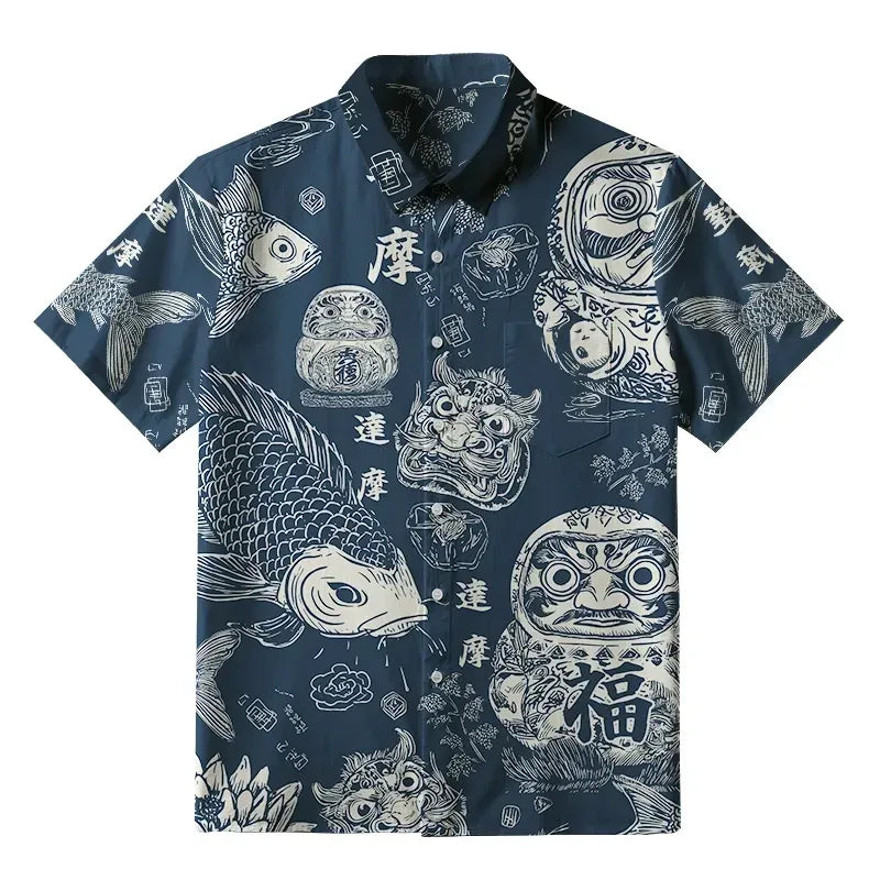 Kyoto-Lion Daruma And Koi Button-up Shirt