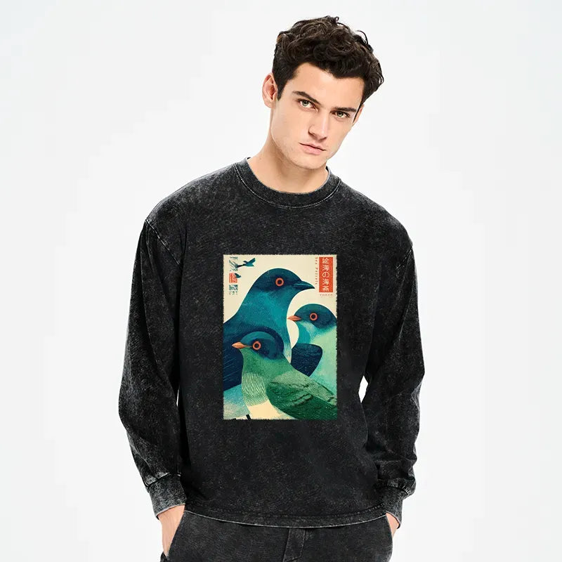 Kyoto-Lion Petrels Of The Painted Sea Washed Long Sleeve T-Shirt