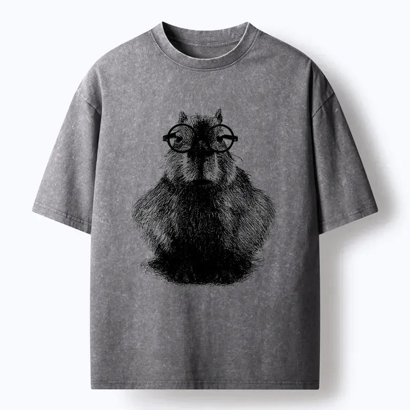 Kyoto-Lion Smart Capybara With Glasses Washed T-Shirt