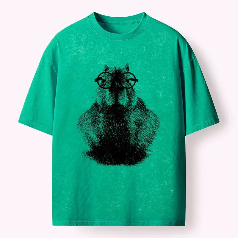 Kyoto-Lion Smart Capybara With Glasses Washed T-Shirt